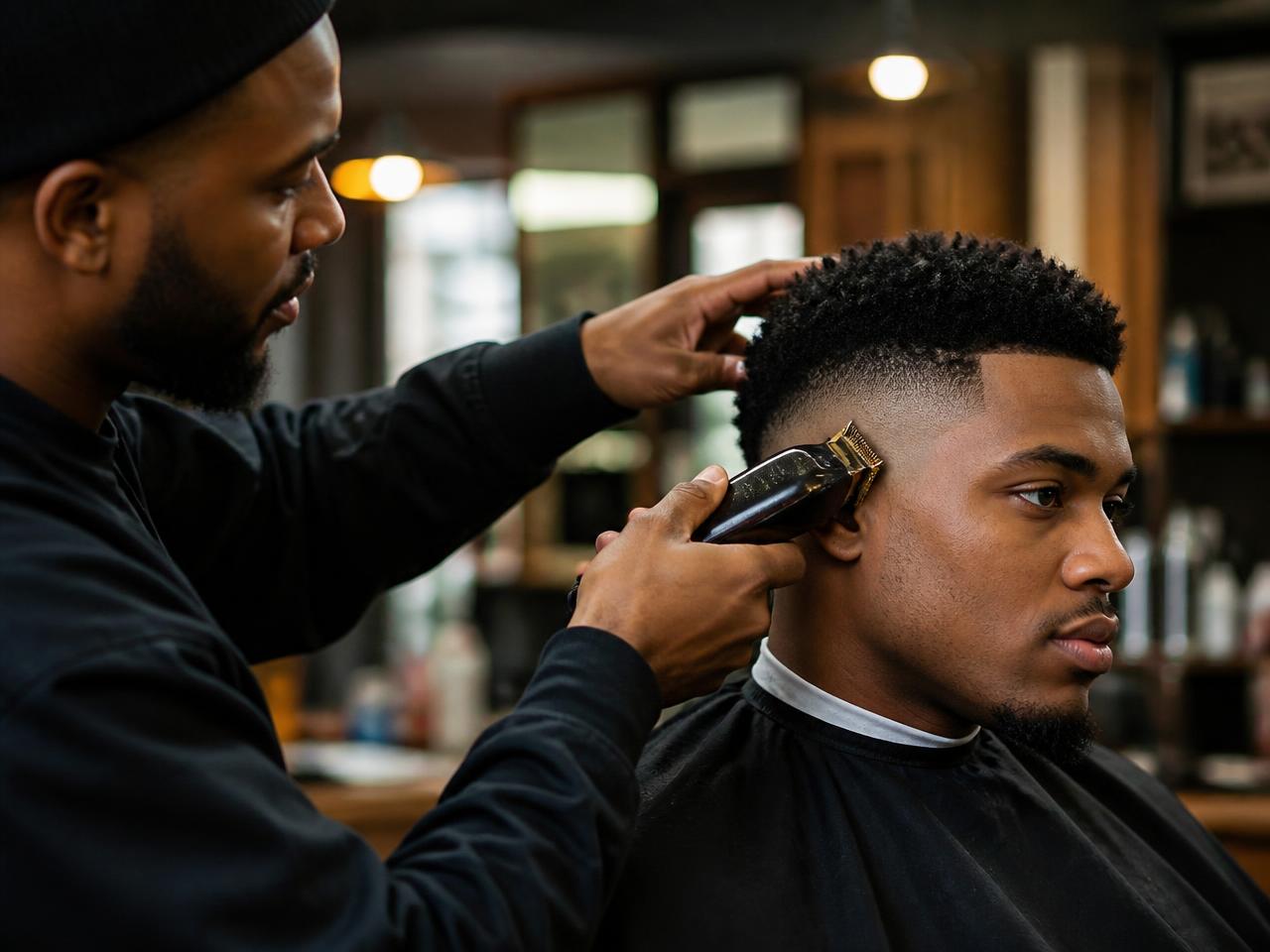 Barber shaping a client's haircut with clippers
