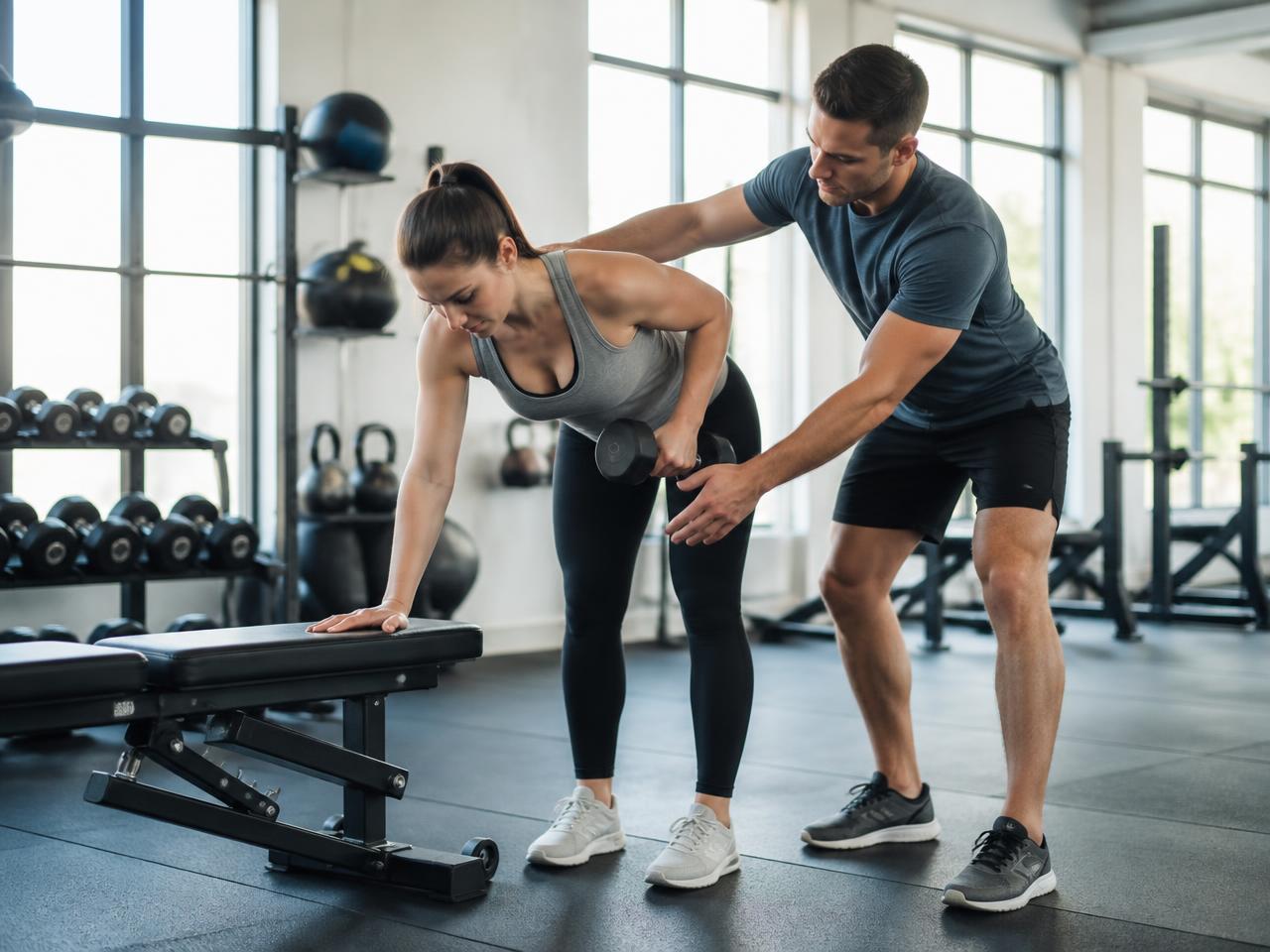 Personal trainer guiding a client through a dumbbell exercise