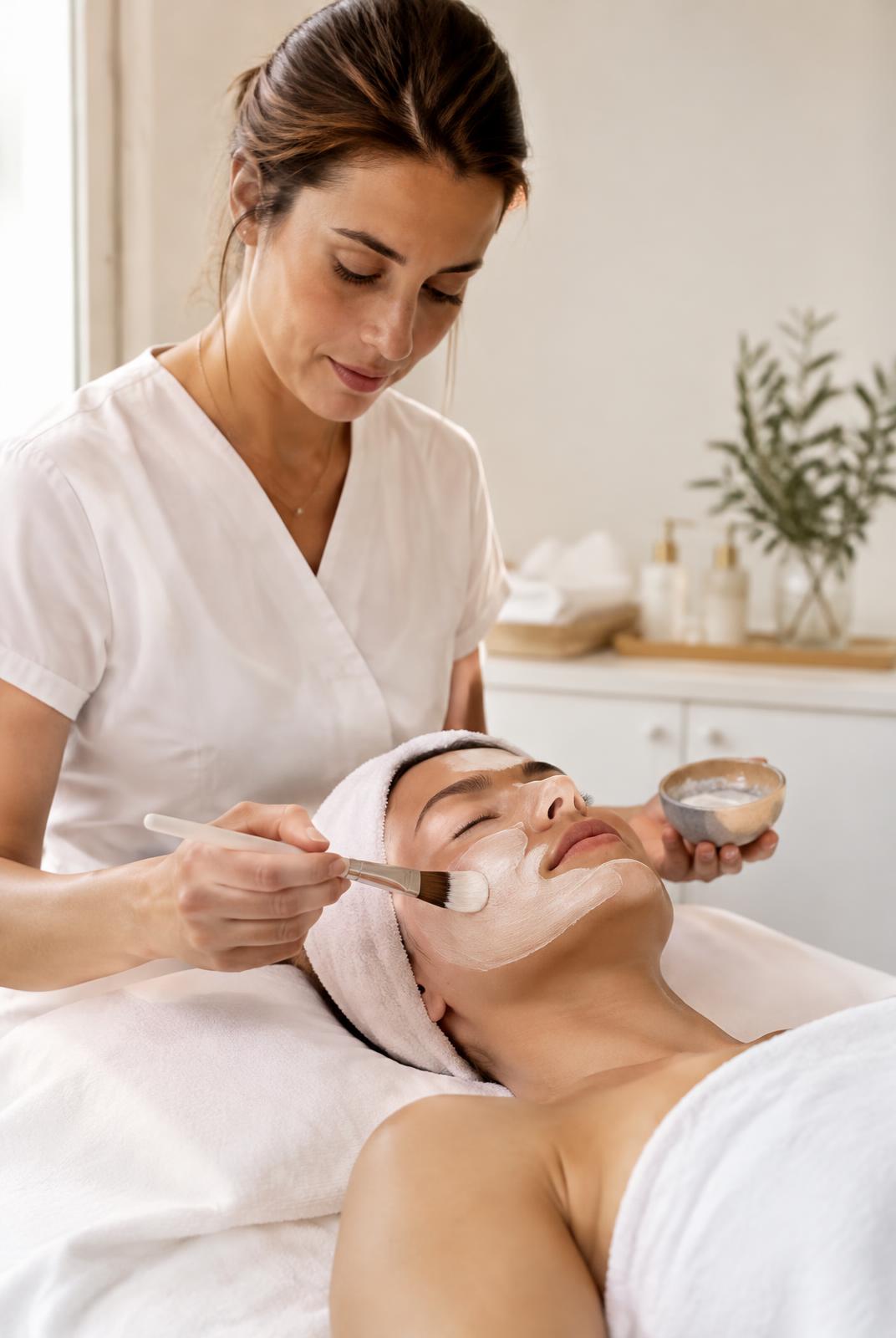 Esthetician brushing a skincare mask onto a relaxed client during a facial